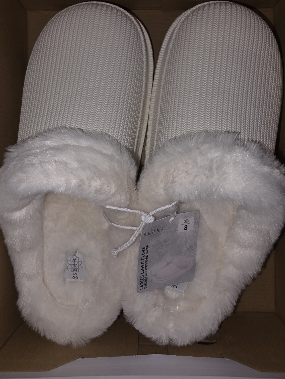 SERRA Women’s White Faux Fur Lined Slip-On Clog Slippers US 8 Round Toe